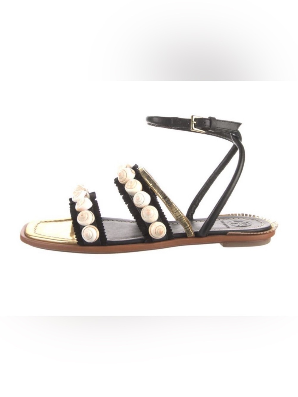 Tory Burch Sinclair Sandals Black Gold Seashell Flat 7.5